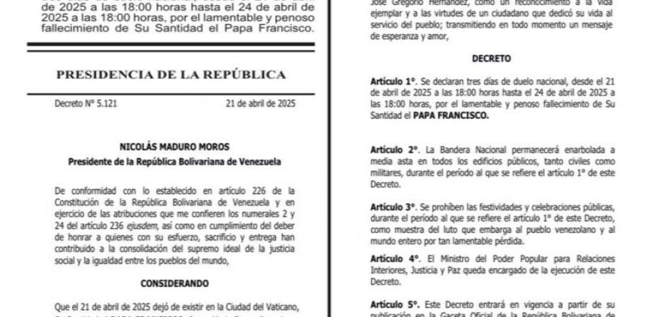 JEFE DE ESTADO DECRETA TRES DÍAS DE DUELO TRAS PARTIDA DEL PAPA FRANCISCO