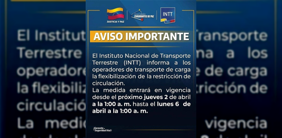 Imagen de INTT ANUNCIA FLEXIBILIZACIÓN DE RESTRICCIÓN DE TRANSPORTE DE CARGA DURANTE SEMANA SANTA 2026
