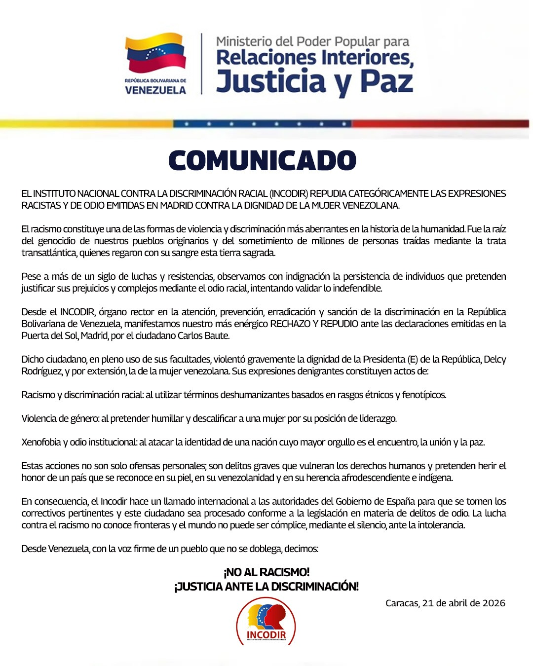 INCODIR REPUDIA EXPRESIONES DE ODIO Y RACISMO EMITIDAS EN MADRID CONTRA LA PRESIDENTA (E) DELCY RODRÍGUEZ