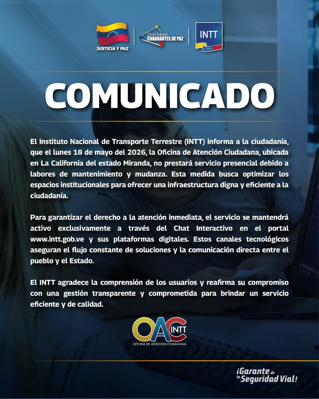 OFICINA DE ATENCIÓN CIUDADANA DEL INTT ATENDERÁ A LOS USUARIOS VÍA WEB ESTE LUNES 18M POR MEJORAS EN SU INFRAESTRUCTURA
