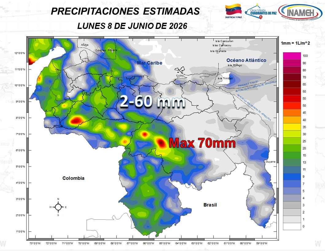 INAMEH PREVÉ LLUVIAS Y ACTIVIDAD ELÉCTRICA EN GRAN PARTE DEL PAÍS ESTE LUNES